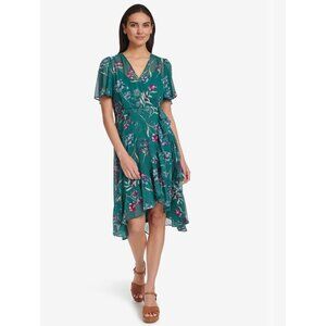 Calvin Klein Womens Green Floral Midi Dress With Ruffle Hem & Flutter Sleeves Si